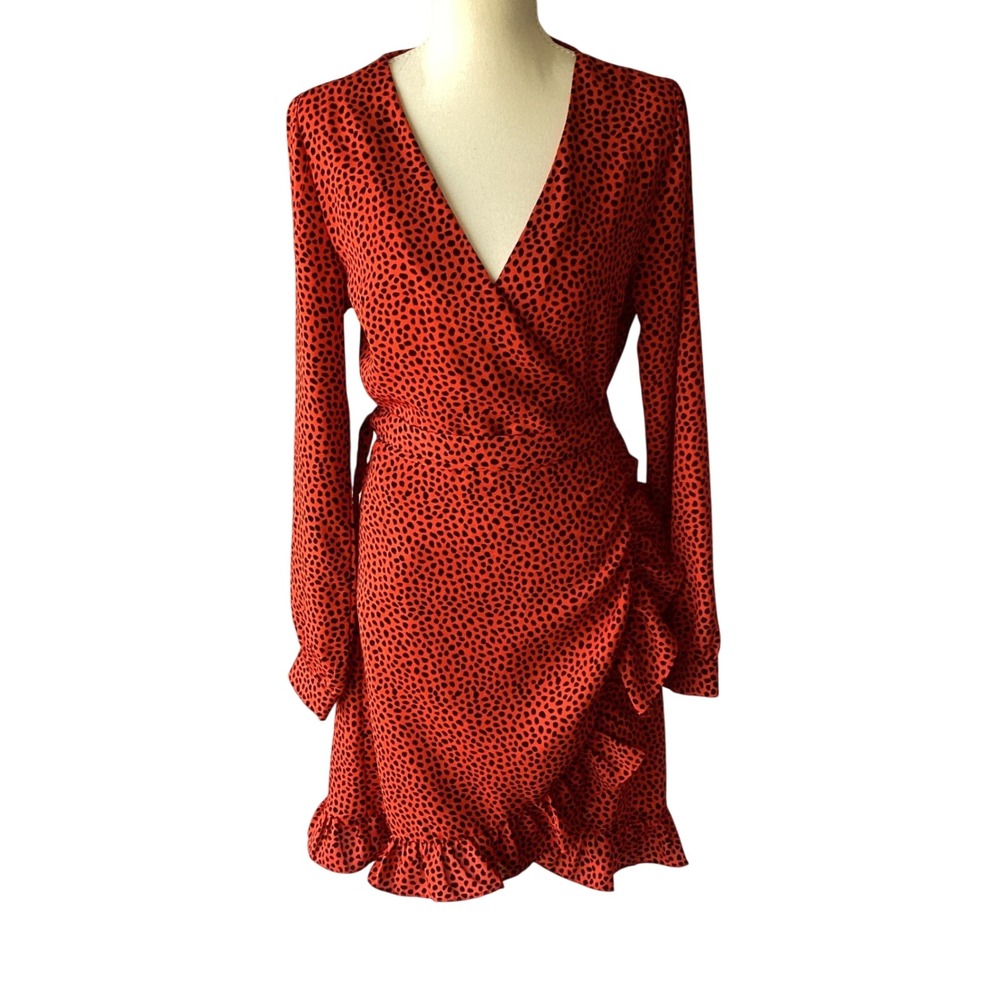 IVIVI Large Red Black Cheetah Animal Print Ruffle Long Sleeve Wrap Mini Dress